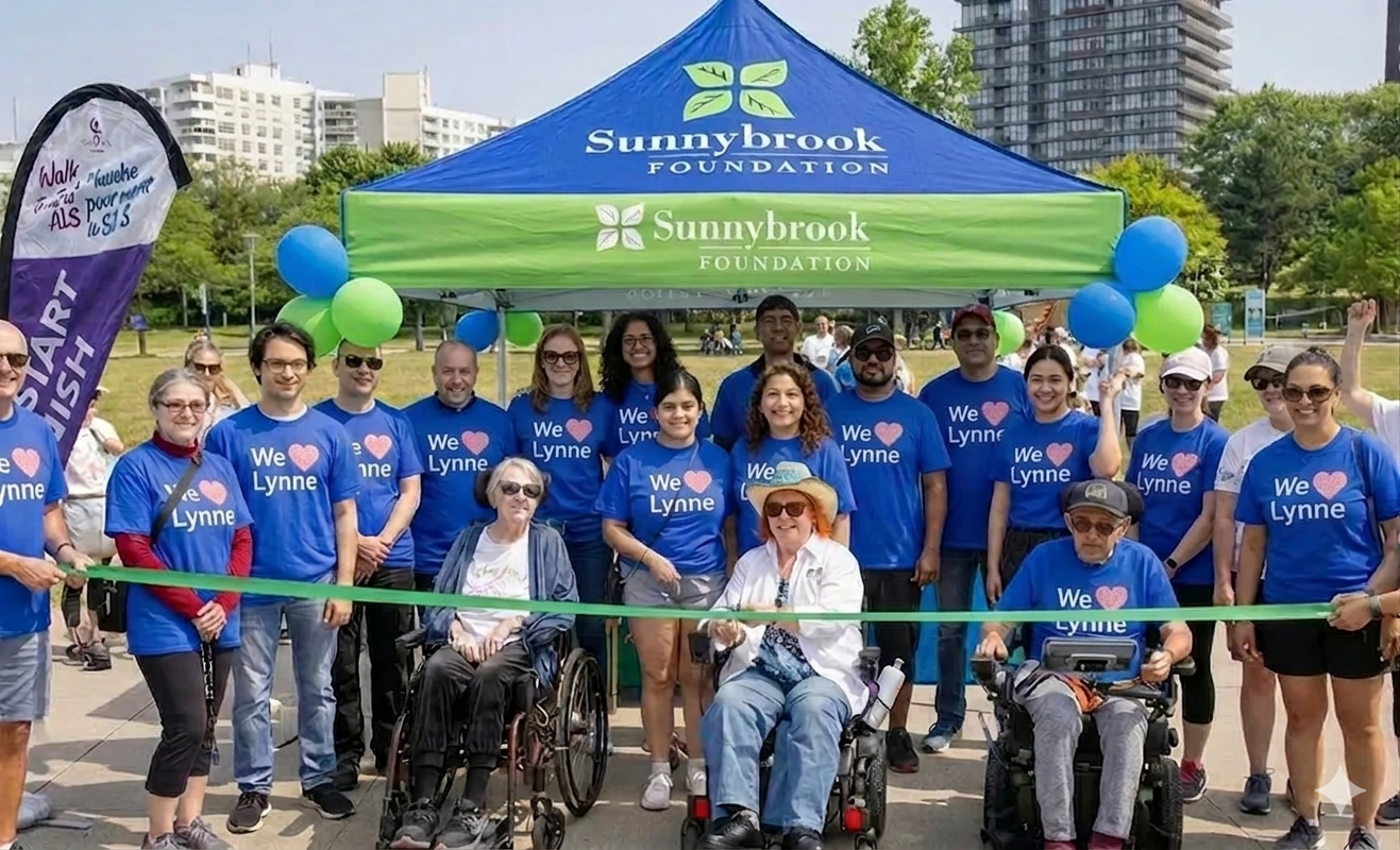 A group of men and women are rallying for a fundraising campaign for Sunnybrook Foundation. Everyone was wearing blue shirt with the words "We love Lynne" on it.